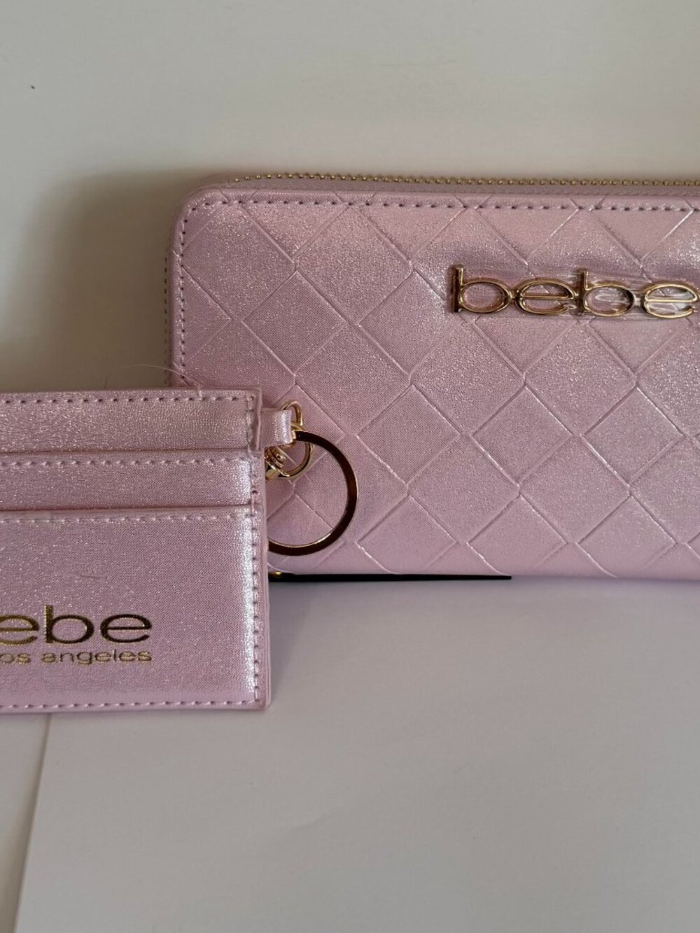 bebe Metallic Pink Quilted Wristlet with Cardholder and Gold Hardware